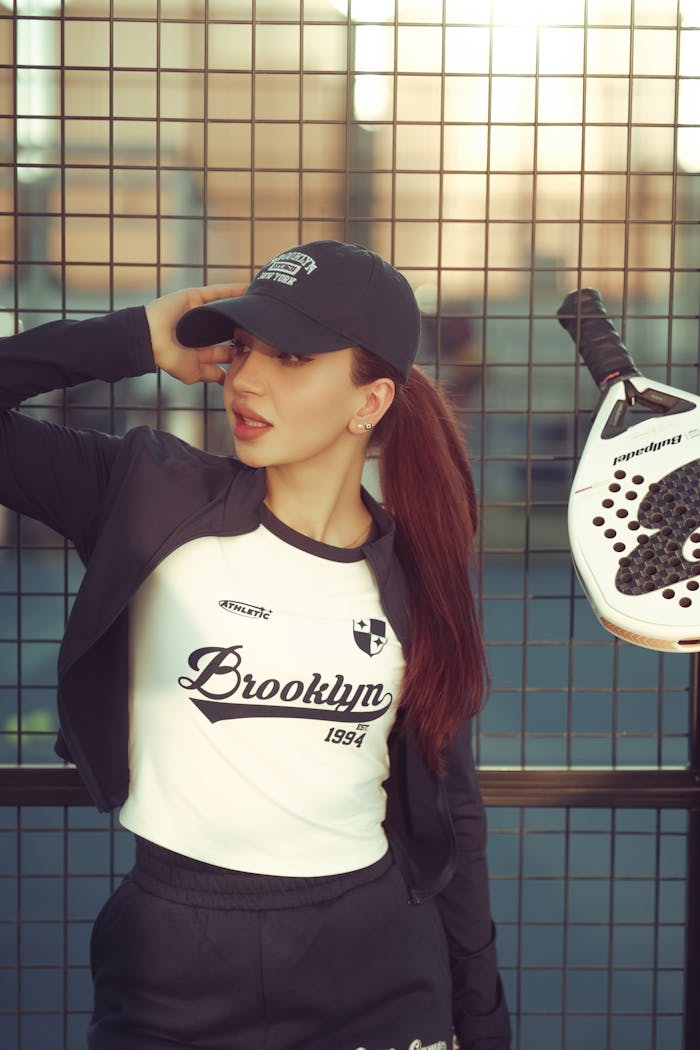 Young woman in sportswear poses with paddle racket outdoors, exuding urban chic style.