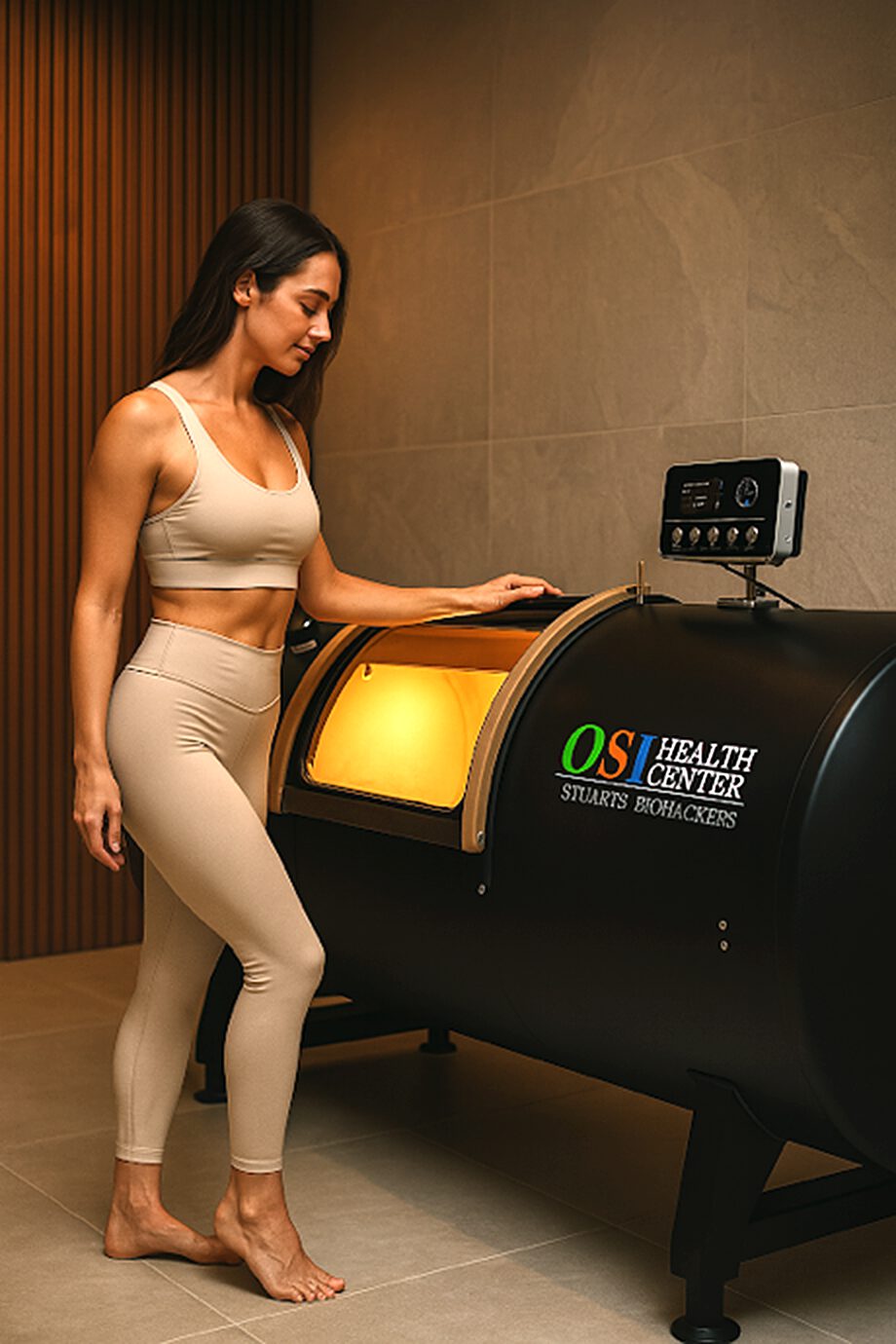 Woman relaxing in a wooden sauna.
