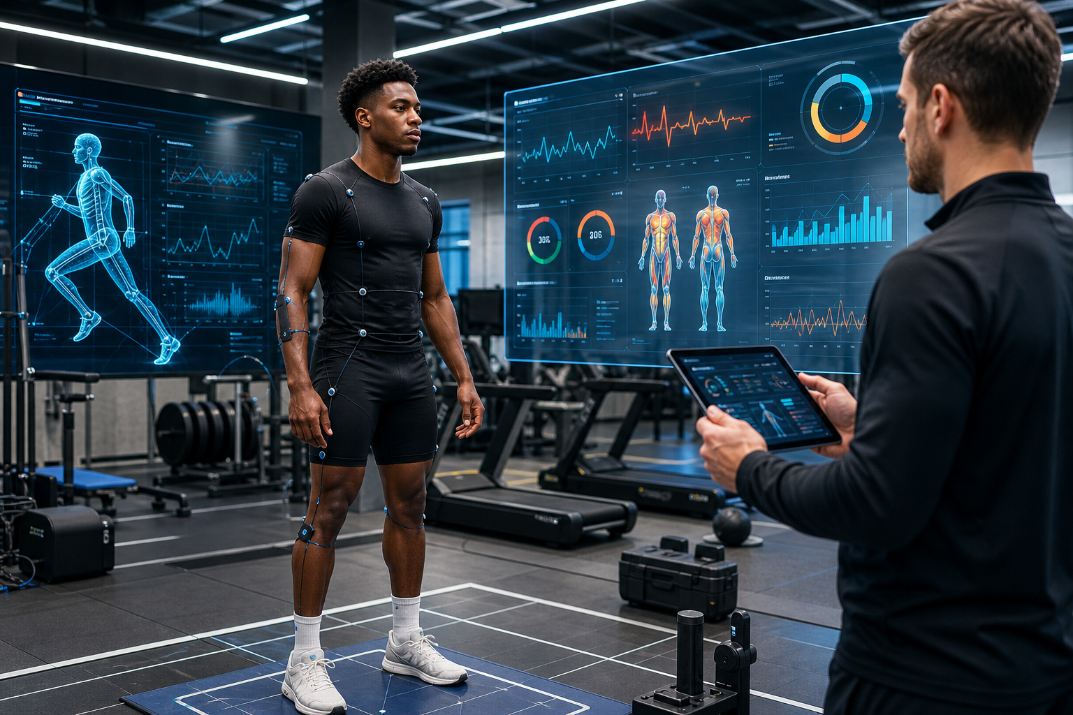 Athlete being assessed in a high-tech gym with motion-tracking sensors and performance data displays