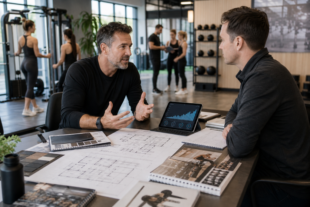 Men discussing gym design with blueprints.