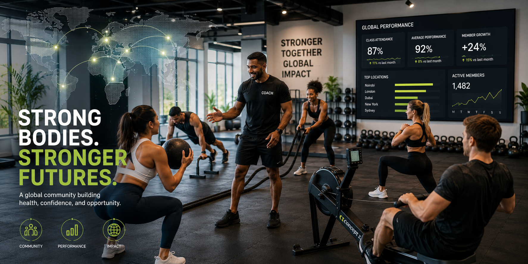 Entrepreneurs and members inside a modern boutique fitness franchise studio facility.